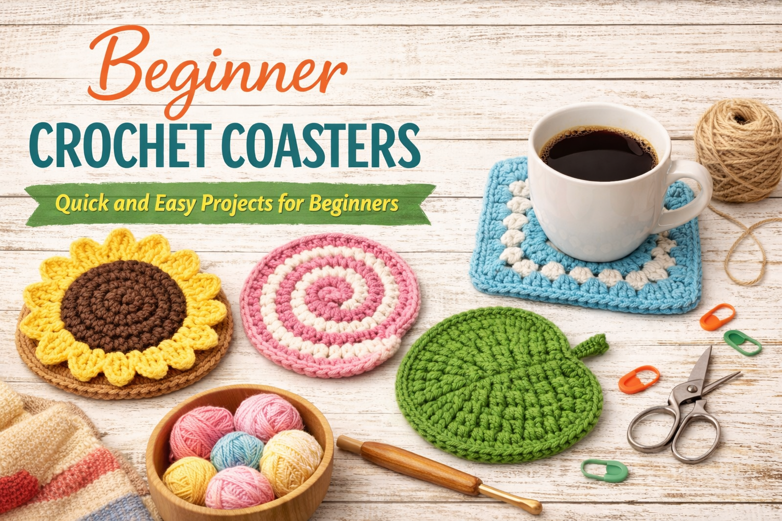 beginner crochet coasters, crochet coasters for beginners, easy crochet projects, beginner crochet patterns, quick crochet projects, crochet home decor, sustainable crochet