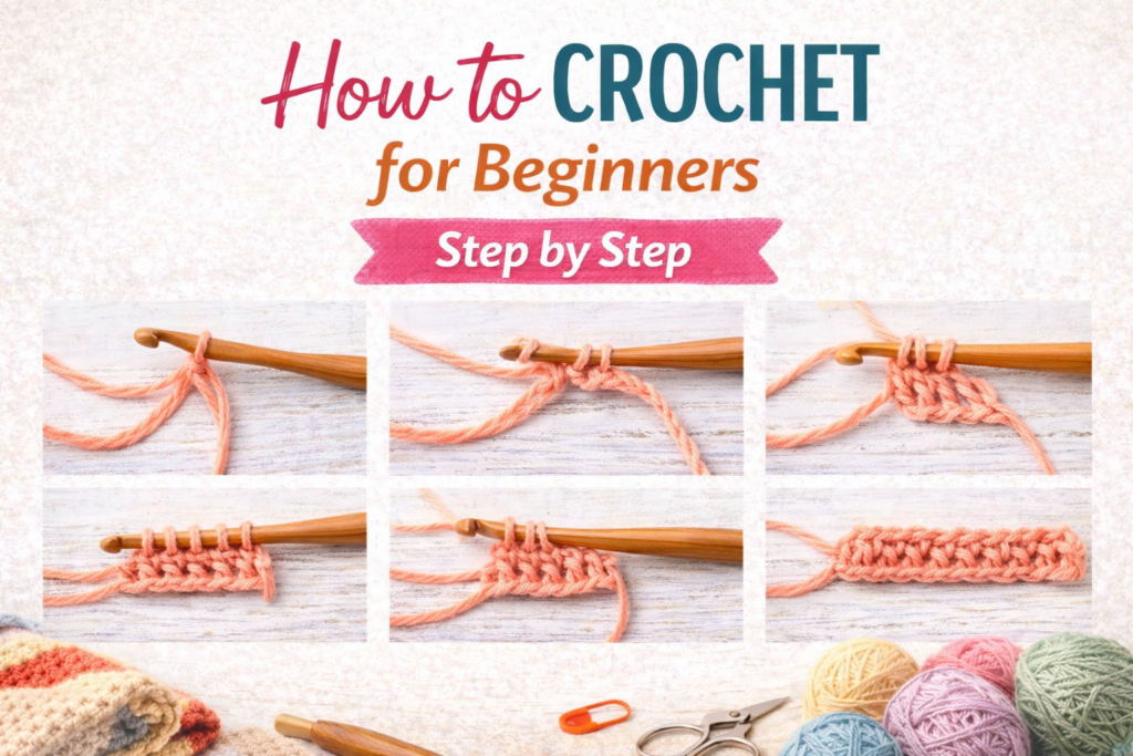 Learn how to crochet for beginners step by step with this easy and complete guide. Perfect for absolute beginners, with stitches, tools, tips, and simple projects.